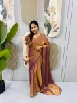 MODERN SPACE SILK BEADS LACE & LATKAN LACE WORK GOWN SAREE CHIKU