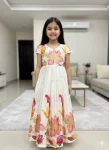NEW ARRIVAL CHINON SILK POSITION PRINT FOIL WORK KID'S GOWN WITH DUPATTA OFF WHITE