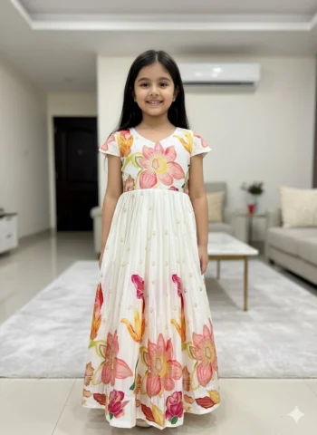 NEW ARRIVAL CHINON SILK POSITION PRINT FOIL WORK KID'S GOWN WITH DUPATTA OFF WHITE