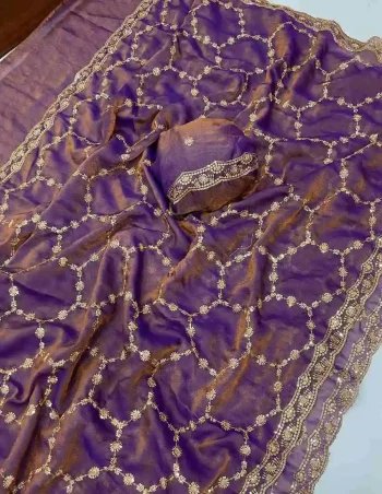 NEW ARRIVAL MOSS SILK SEQUENCE EMBROIDERY WORK WITH CUT BORDER WORK SAREE WITH UNSTITCHED BLOUSE PURPLE