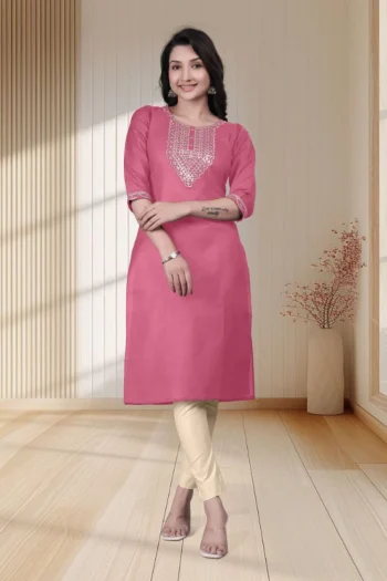 RICH LOOK TESLA COTTON EMBROIDERY WORK ONLY KURTI BABY PINK