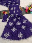 DESIGNER CHINON WHITE SILVER ZARI EMBROIDERY WORK SAREE WITH UNSTITCHED BLOUSE PURPLE