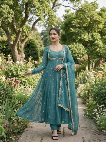 DESIGNER FENDY SATIN RAMBO SEQUENCE EMBROIDERY WORK GOWN BOTTOM WITH DUPATTA SKY