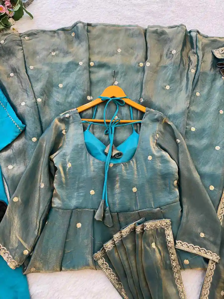 5DESIGNER FENDY SATIN RAMBO SEQUENCE EMBROIDERY WORK GOWN BOTTOM WITH DUPATTA WEDDING WEAR WHOLESALE PRICE ETHNIC GARMENT (15)