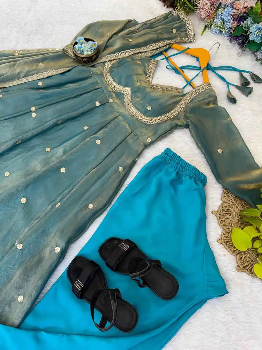 5DESIGNER FENDY SATIN RAMBO SEQUENCE EMBROIDERY WORK GOWN BOTTOM WITH DUPATTA WEDDING WEAR WHOLESALE PRICE ETHNIC GARMENT (18)