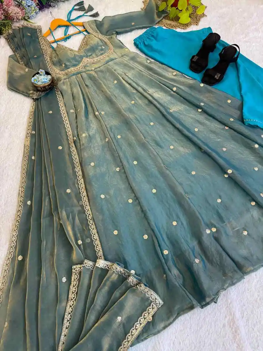 5DESIGNER FENDY SATIN RAMBO SEQUENCE EMBROIDERY WORK GOWN BOTTOM WITH DUPATTA WEDDING WEAR WHOLESALE PRICE ETHNIC GARMENT (19)