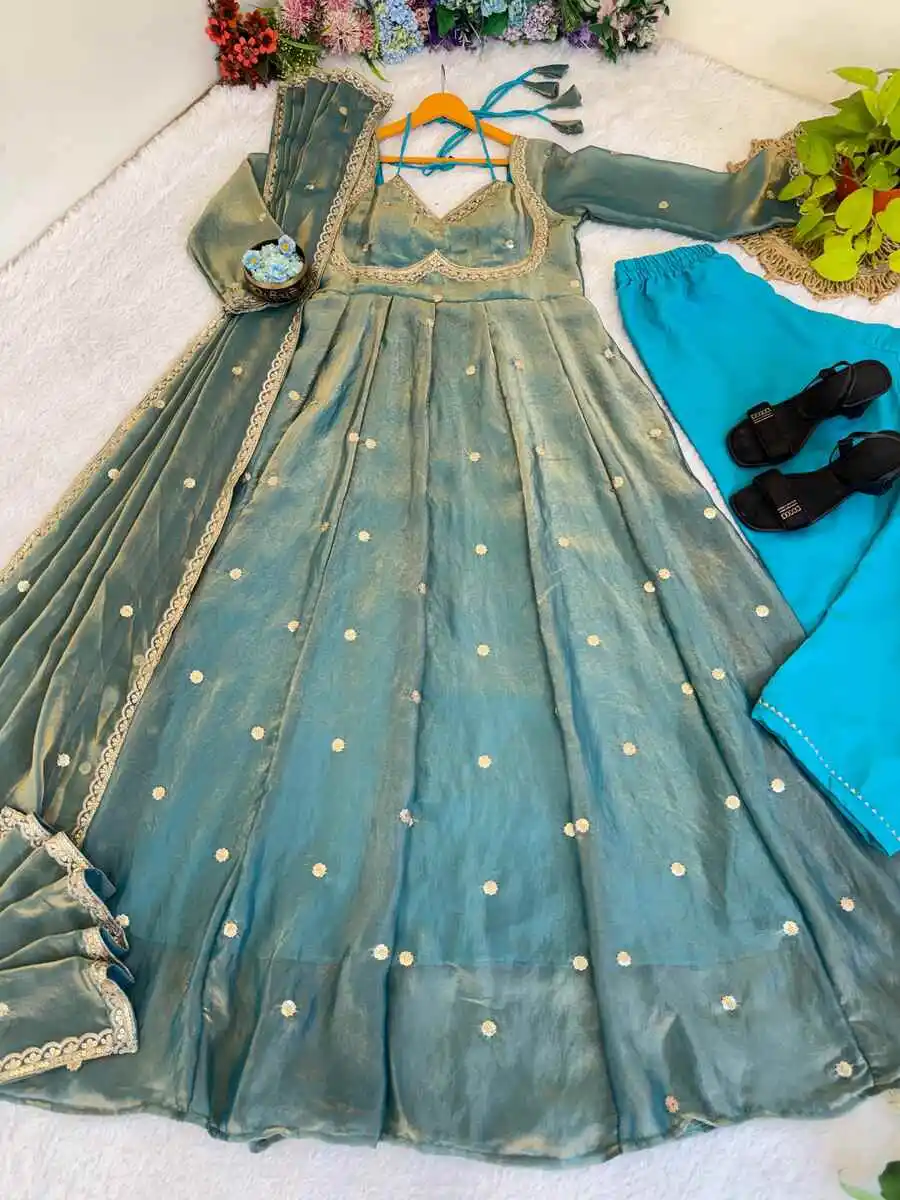 5DESIGNER FENDY SATIN RAMBO SEQUENCE EMBROIDERY WORK GOWN BOTTOM WITH DUPATTA WEDDING WEAR WHOLESALE PRICE ETHNIC GARMENT (21)