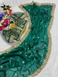 DESIGNER FENDY SATIN SILK EMBROIDERY SEQUENCE & CODING WITH CUT WORK BORDER SAREE WITH STITCHED BLOUSE GREEN
