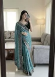 DESIGNER MOSS SILK SEQUENCE AND ZARI EMBROIDERY WITH VELVET LACE BORDER WORK SAREE WITH UNSTITCHED BLOUSE SKY