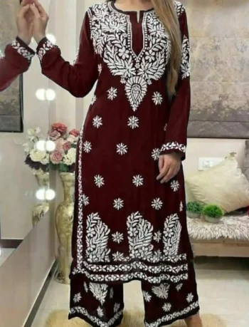 DESIGNER RAYON COTTON EMBROIDERY WORK KURTI PALAZZO SET MAROON