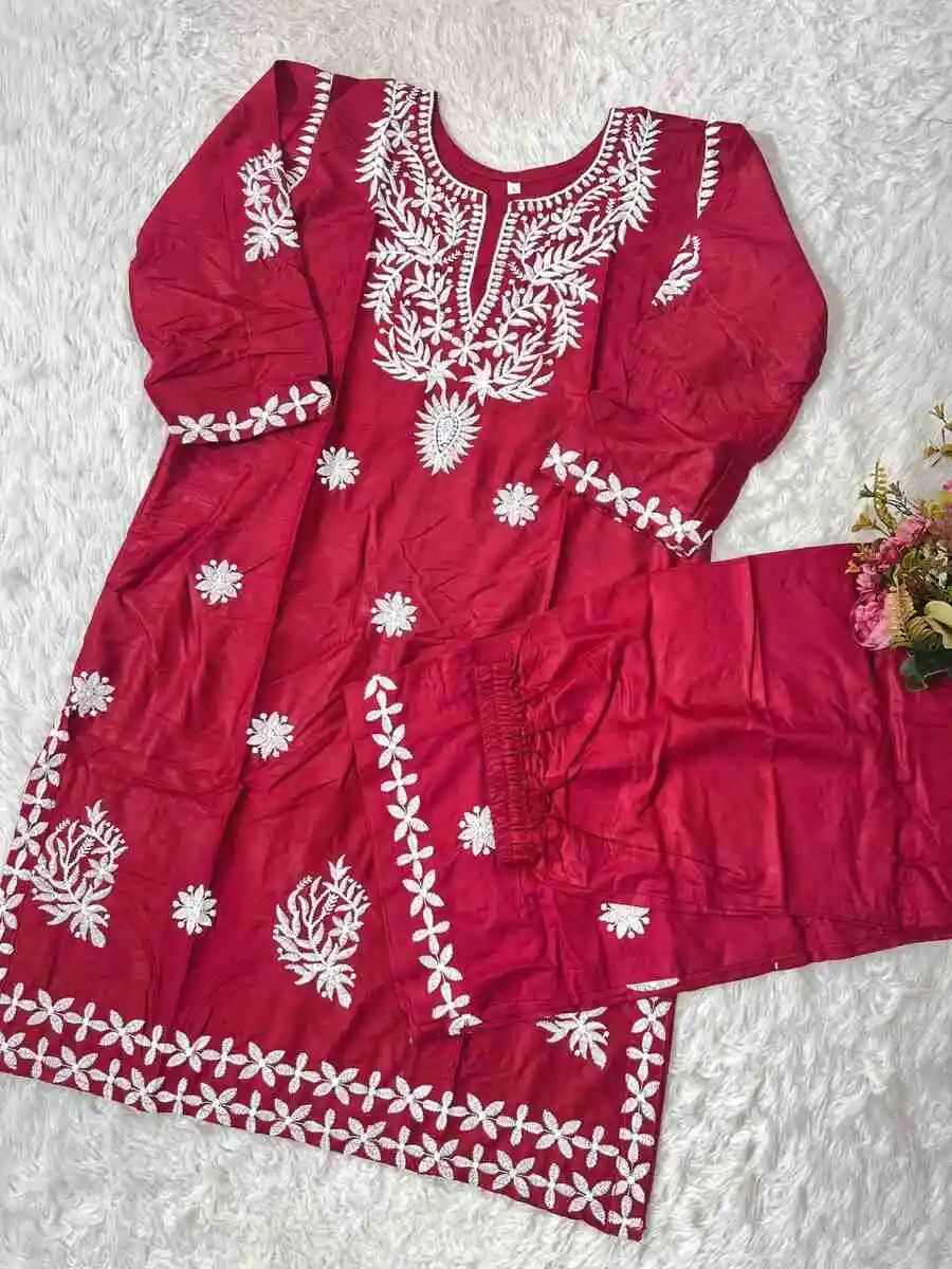 5DESIGNER RAYON COTTON EMBROIDERY WORK KURTI PALAZZO SET DAILY WEAR WHOLESALE PRICE ETHNIC GARMENT (7)