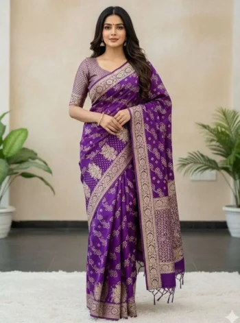 FANCY DOLA SILK ZARI & MEENAKARI WOVEN PALLU WITH BORDER WORK SAREE WITH UNSTITCHED BLOUSE PURPLE