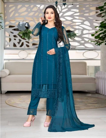 FANCY NET EMBROIDERY WORK TOP BOTTOM WITH DUPATTA TEAL