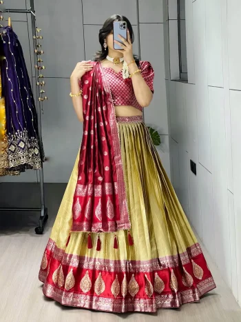 MODERN KANCHIPURAM SILK ZARI WEAVING WITH CONTRAST BORDER AND SILVER-GOLDEN ZARI WORK LEHENGA CHOLI WITH DUPATTA CREAM AND RED