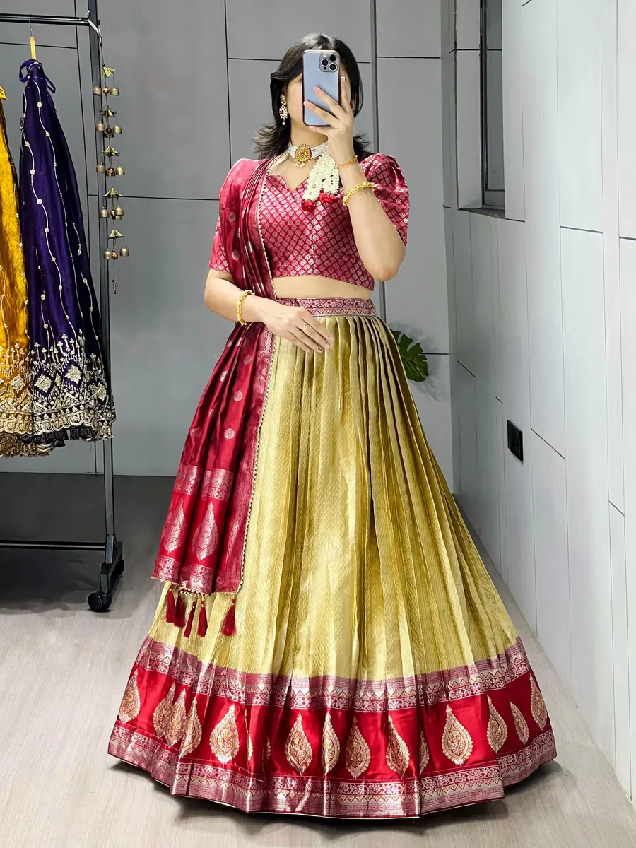 5MODERN KANCHIPURAM SILK ZARI WEAVING WITH CONTRAST BORDER AND SILVER-GOLDEN ZARI WORK LEHENGA CHOLI WITH DUPATTA FESTIVE WEAR WHOLESALE PRICE ETHNIC GARMENT (3).webp