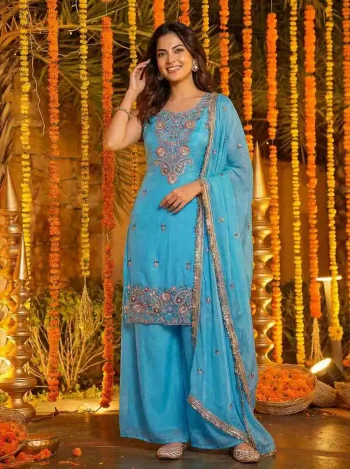 RICH LOOK FENDY SILK BEADS EMBROIDERY SEQUENCE THREAD WORK TOP PALAZZO WITH DUPATTA SKY