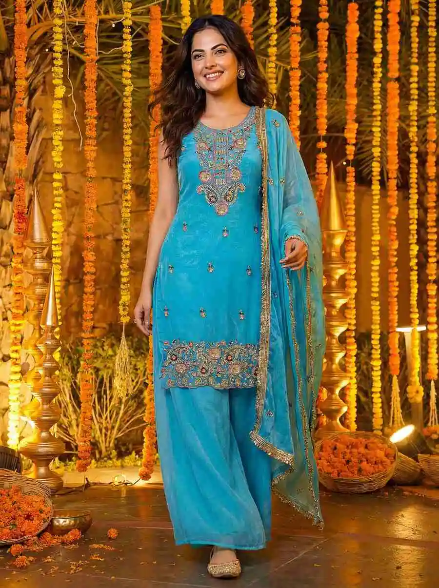 5RICH LOOK FENDY SILK BEADS EMBROIDERY SEQUENCE THREAD WORK TOP PALAZZO WITH DUPATTA WEDDING WEAR WHOLESALE PRICE ETHNIC GARMENT (37)