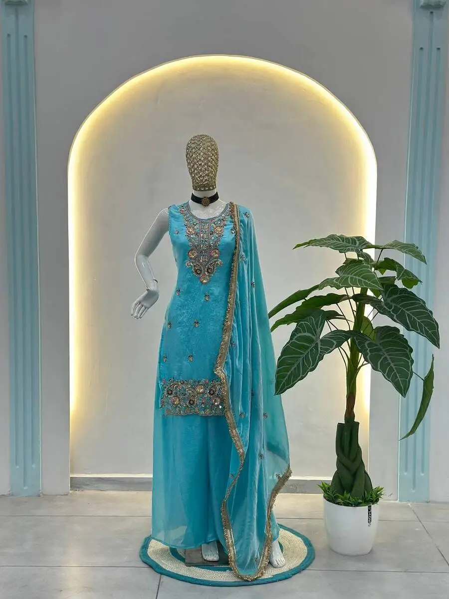 5RICH LOOK FENDY SILK BEADS EMBROIDERY SEQUENCE THREAD WORK TOP PALAZZO WITH DUPATTA WEDDING WEAR WHOLESALE PRICE ETHNIC GARMENT (43)