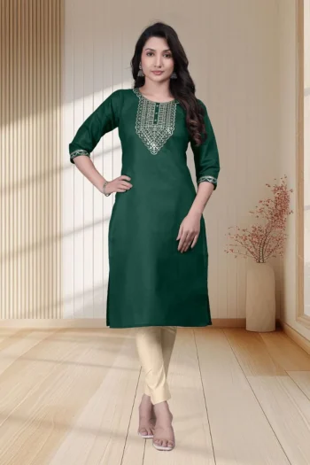 RICH LOOK TESLA COTTON EMBROIDERY WORK ONLY KURTI GREEN