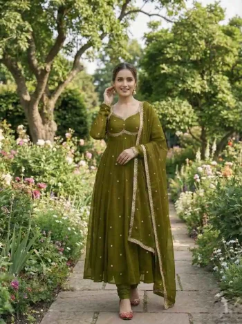 DESIGNER FENDY SATIN RAMBO SEQUENCE EMBROIDERY WORK GOWN BOTTOM WITH DUPATTA MEHNDI