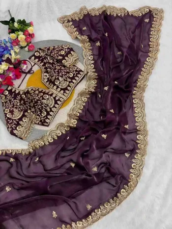 DESIGNER FENDY SATIN SILK EMBROIDERY SEQUENCE & CODING WITH CUT WORK BORDER SAREE WITH STITCHED BLOUSE WINE