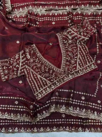DESIGNER SPACE SILK SEQUENCE AND ZARI EMBROIDERY WORK SAREE WITH UNSTITCHED BLOUSE MAROON
