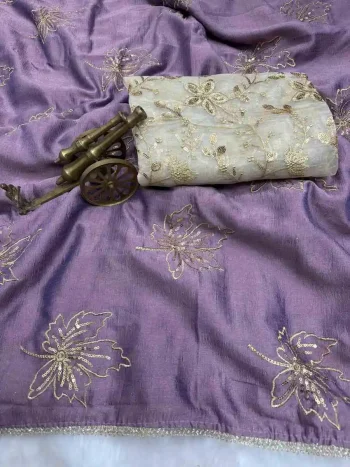 DESIGNER VICHITRA SILK SEQUENCE EMBROIDERY WITH READYMADE LACE BORDER WORK SAREE WITH UNSTITCHED BLOUSE LAVENER