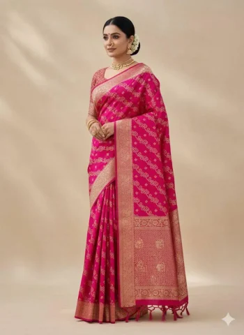 FANCY DOLA SILK ZARI & MEENAKARI WOVEN PALLU WITH BORDER WORK SAREE WITH UNSTITCHED BLOUSE RANI