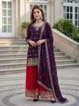 MODERN CHINON SILK EMBROIDERY SEQUENCE ZARI WORK TOP PALAZZO WITH DUPATTA PURPLE AND RED