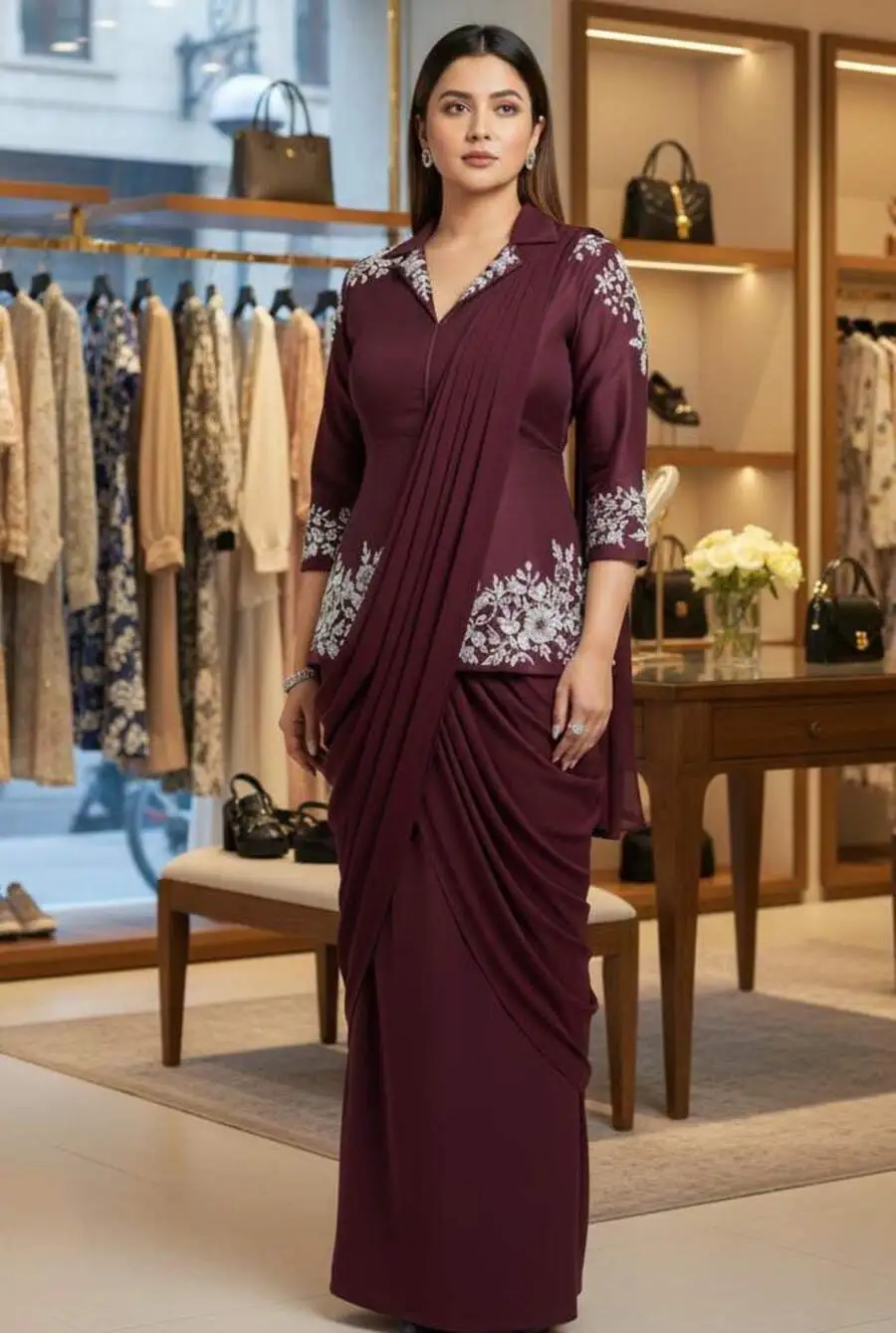 6MODERN CHINON SILK MULTI-THREAD CODING & SEQUENCE WORK READY TO WEAR SAREE WITH KOTI PARTY WEAR WHOLESALE PRICE ETHNIC GARMENT (4)