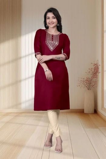 RICH LOOK TESLA COTTON EMBROIDERY WORK ONLY KURTI MAROON