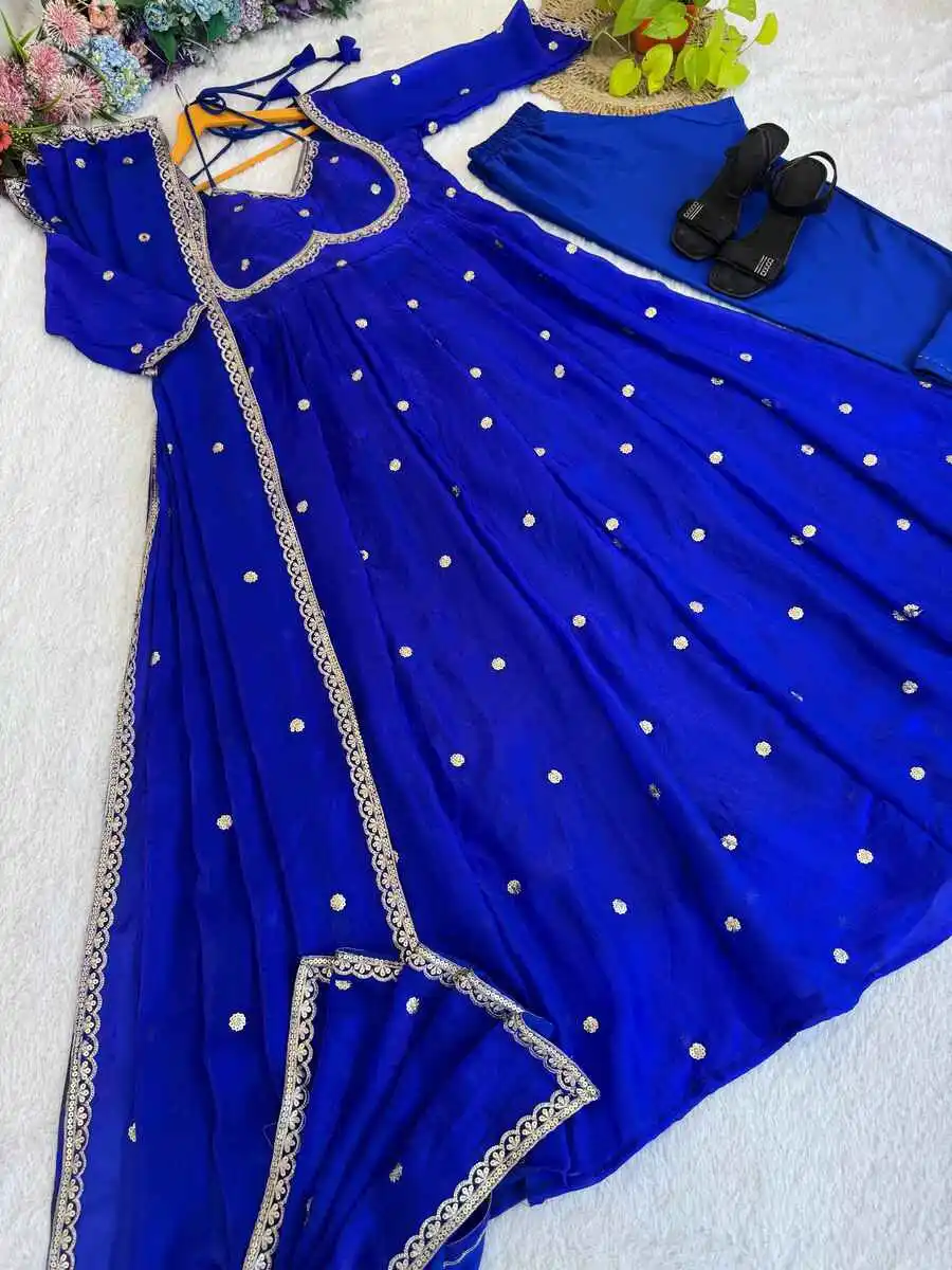 7DESIGNER FENDY SATIN RAMBO SEQUENCE EMBROIDERY WORK GOWN BOTTOM WITH DUPATTA WEDDING WEAR WHOLESALE PRICE ETHNIC GARMENT (79)