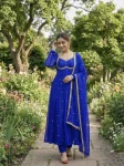 DESIGNER FENDY SATIN RAMBO SEQUENCE EMBROIDERY WORK GOWN BOTTOM WITH DUPATTA BLUE