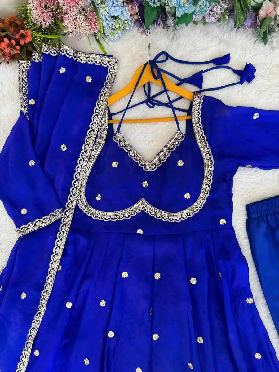 7DESIGNER FENDY SATIN RAMBO SEQUENCE EMBROIDERY WORK GOWN BOTTOM WITH DUPATTA WEDDING WEAR WHOLESALE PRICE ETHNIC GARMENT (86)