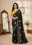 DESIGNER RANGOLI FLORAL EMBROIDERY THREAD WITH REAL MIRROR WORK SCALLOPED AND BORDER WORK SAREE WITH UNSTITCHED BLOUSE BLACK