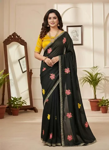 DESIGNER RANGOLI FLORAL EMBROIDERY THREAD WITH REAL MIRROR WORK SCALLOPED AND BORDER WORK SAREE WITH UNSTITCHED BLOUSE BLACK