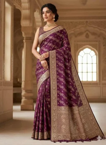 FANCY DOLA SILK ZARI & MEENAKARI WOVEN PALLU WITH BORDER WORK SAREE WITH UNSTITCHED BLOUSE WINE
