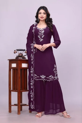 FANCY GEORGETTE SEQUENCE EMBROIDERY WORK TOP SHARARA WITH DUPATTA PURPLE