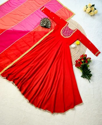 MODERN GEORGETTE SILK HANDWORK & MIRROR LACE BORDER WORK GOWN WITH DUPATTA RED