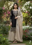 DESIGNER JC SILK EMBROIDERY CODING DORI-SEQUENCE WORK WITH RIVET MOTI WORK TOP SHARARA WITH DUPATTA BLACK