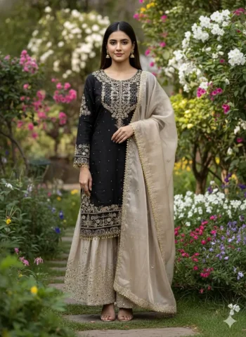 DESIGNER JC SILK EMBROIDERY CODING DORI-SEQUENCE WORK WITH RIVET MOTI WORK TOP SHARARA WITH DUPATTA BLACK