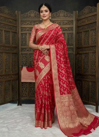 FANCY DOLA SILK ZARI & MEENAKARI WOVEN PALLU WITH BORDER WORK SAREE WITH UNSTITCHED BLOUSE RED
