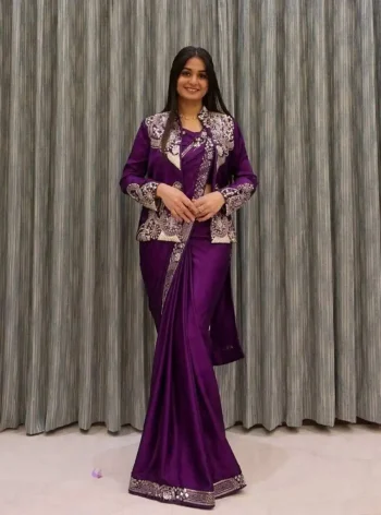 RICH LOOK CREPE EMBROIDERY SEQUENCE CODING WORK READY TO WEAR SAREE WITH BLOUSE AND KOTI WINE