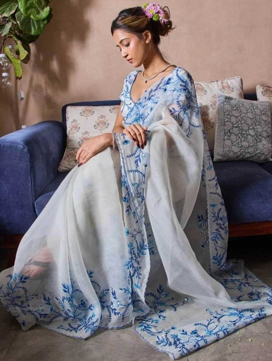 8RICH LOOK TABBY SILK FLORAL PRINT WITH BEADS AND CUT DANA HANDWORK SAREE WITH UNSTITCHED BLOUSE PARTY WEAR WHOLESALE PRICE ETHNIC GARMENT (1)