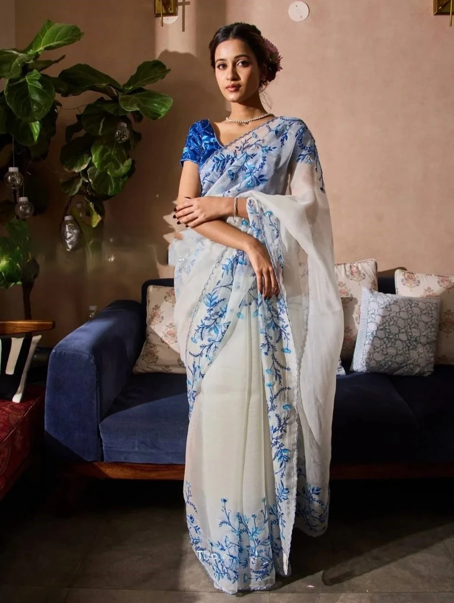 8RICH LOOK TABBY SILK FLORAL PRINT WITH BEADS AND CUT DANA HANDWORK SAREE WITH UNSTITCHED BLOUSE PARTY WEAR WHOLESALE PRICE ETHNIC GARMENT (8)