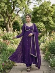DESIGNER FENDY SATIN RAMBO SEQUENCE EMBROIDERY WORK GOWN BOTTOM WITH DUPATTA PURPLE
