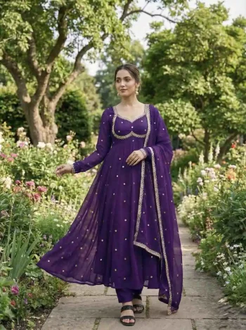DESIGNER FENDY SATIN RAMBO SEQUENCE EMBROIDERY WORK GOWN BOTTOM WITH DUPATTA PURPLE