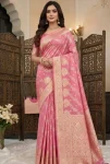 FANCY DOLA SILK ZARI & MEENAKARI WOVEN PALLU WITH BORDER WORK SAREE WITH UNSTITCHED BLOUSE BABY PINK
