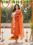 MODERN SLUB COTTON EMBROIDERY WORK TOP BOTTOM WITH DUPATTA ORANGE