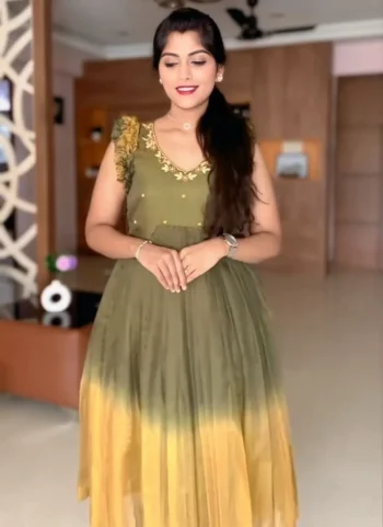 NEW ARRIVAL KOTA CHECKS SILK HAND WORK ONE PIECE DRESS MEHNDI AND YELLOW